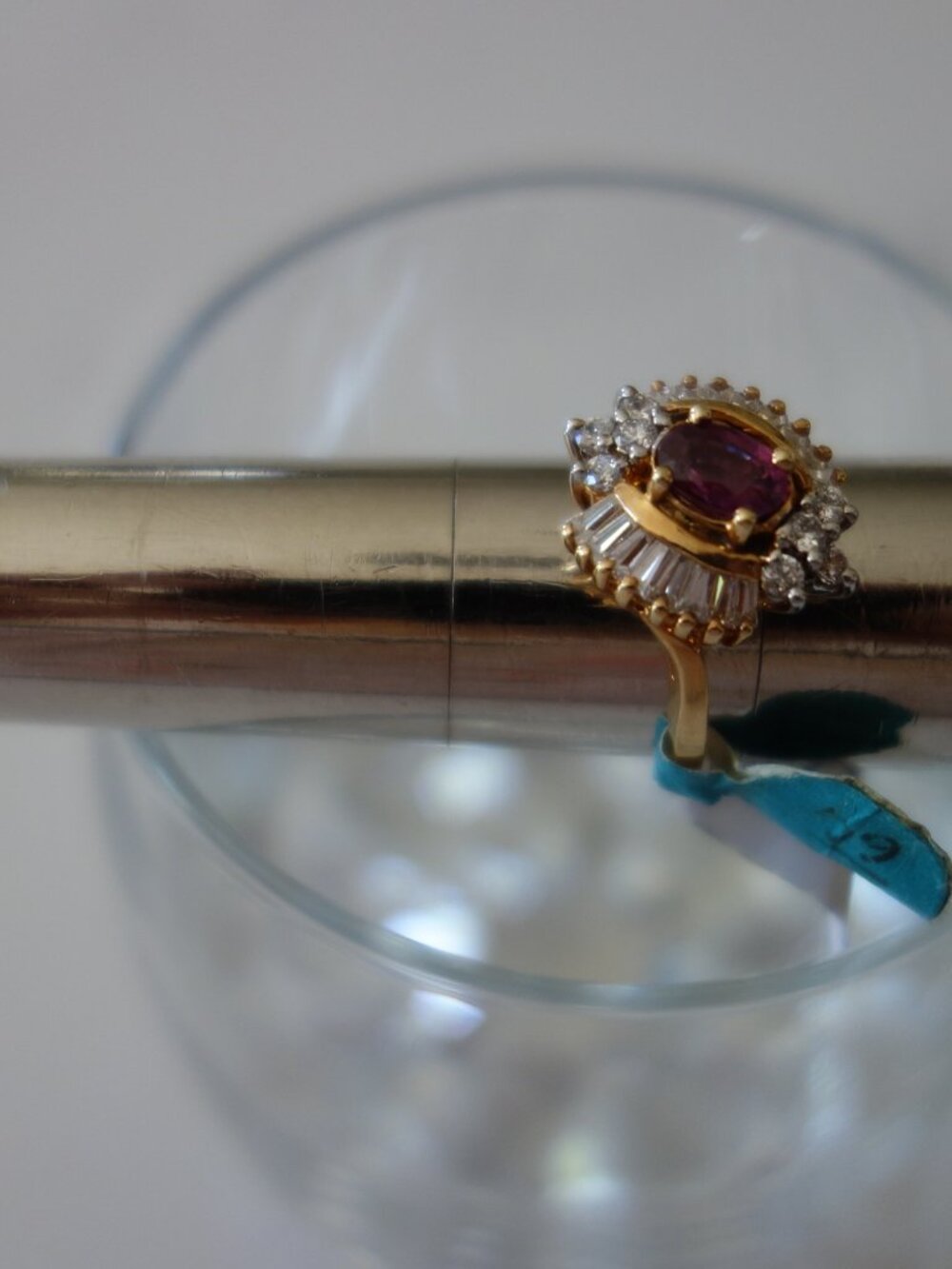 Vintage 8 Cubic Zirconia, Synthetic Ruby & Baguette 5.75 Gold (5K) Plated Ring